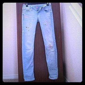 True Religion skinny pink paint splatter jeans